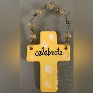 SILVESTRI HAND CRAFTED CERAMIC CROSS ORNAMENT:signed by artist-Yellow(celebrate)